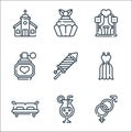 Wedding line icons. linear set. quality vector line set such as genders, cocktail, double bed, dress, fireworks, perfume, wedding