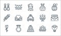 wedding line icons. linear set. quality vector line set such as flower bouquet, wedding cake, rose, flowers, proposal, fireworks, Royalty Free Stock Photo