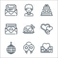 wedding line icons. linear set. quality vector line set such as location, balloons, disco ball, hearts, chicken, envelope, wedding