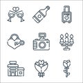 Wedding line icons. linear set. quality vector line set such as rose, flower bouquet, hotel, candles, photo camera, heart lock, Royalty Free Stock Photo