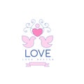 Wedding line logo with love doves, heart and curlicue