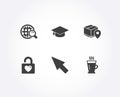 Wedding locker, Mouse cursor and Graduation cap icons. Internet search, Parcel tracking and Latte signs.