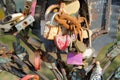 Wedding locks chained to the bench in city park Royalty Free Stock Photo