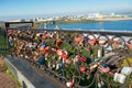 Wedding locks on a pedestrian bridge on Fedorovsky Embankment