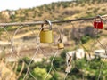 Wedding locks on a wire fence hung by newlyweds and lovers Royalty Free Stock Photo