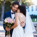 Wedding, love and couple hug outdoor for marriage celebration event for bride and groom together. Married interracial Royalty Free Stock Photo