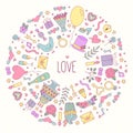 Wedding love romance doodle icons round frame Royalty Free Stock Photo