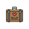 Wedding luggage, suitcase for honeymoon flat color line icon.