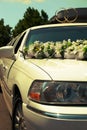 Wedding luxury white limousine awaiting in front of a palace Royalty Free Stock Photo