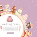 Wedding marriage cakes with white icing decorated with cream rose, bridal cupcakes and sweets poster vector illustration
