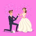 Wedding and marriage couple design. Proposal marriage, vector illustration flat design. Man is holding in hand an open box with a Royalty Free Stock Photo