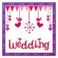 Purple hearts wedding frame. Happy Wedding Day. Dangling love birds border. Celebration flag vector. Romantic illustration.