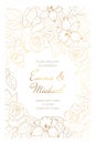 Wedding marriage event invitation card template. Rose peony daffodil narcissus flowers. Copper gold shiny outline. Royalty Free Stock Photo