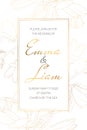 Wedding marriage event invitation card template. Spring magnolia garden flowers. Detailed outline drawing.