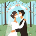 Wedding in masks. Bride and groom kiss, people in medical protective mask, wedding ceremony, romantic couple together