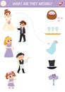 Wedding matching activity with cute bride, groom and guests. Marriage ceremony puzzle. Match the objects game. What they missing