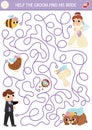 Wedding maze for kids with just married couple, animals, birds wearing veil. Marriage ceremony preschool printable activity.
