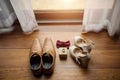 Wedding men shoe and waman shoe on wedding ceremony day Royalty Free Stock Photo