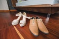 Wedding men shoe and waman shoe on wedding ceremony day Royalty Free Stock Photo