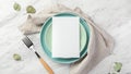 Wedding menu card mockup on plate with linen napkin on marble table