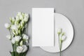 Wedding menu card mockup with white eustoma flowers, blank card mock up with copy space