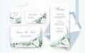 Wedding menu, save the date, place card, label floral design. Delicate tender ivory white Rose flower, asparagus fern leaves Royalty Free Stock Photo