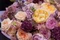 Wedding mixed flowers bouquet with yellow and pink roses close-up, floral flowers background Royalty Free Stock Photo