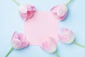 Wedding mockup with pink paper list and tulip flowers on blue table top view. Beautiful floral pattern. Flat lay style. Royalty Free Stock Photo