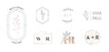 Wedding Monogram Logos Collection with Hand Drawn Flowers. Modern Minimalistic Floral Templates for Invitation Cards