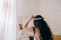 Wedding morning. The bride looks in the mirror Royalty Free Stock Photo