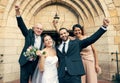 Wedding, mother and father with a happy couple in celebration of a love marriage event with family pride. Proud mom and Royalty Free Stock Photo