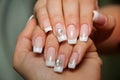 Wedding nails with crystals on black background Royalty Free Stock Photo