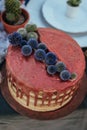 Wedding naked cake with copper cream and succulents on the table