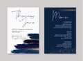 Wedding navy grunge splash invitation cards with Luxury gold and indigo marble texture background. Abstract ocean style