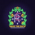 Wedding neon invitation card template. Vector Thin line geometric badge. Outline icon for save the date invitation card