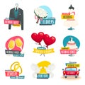 Wedding objects labels set, collection of wedding emblems badges, cartoon vector illustration