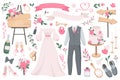 Wedding objects mega set in graphic flat design. Bundle elements of bride dress, groom suit, empty ribbons, flowers bouquet,