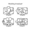 Wedding online set. Video call broadcast wedding ceremony editable vector pictograpms Royalty Free Stock Photo