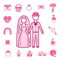Wedding outline married engagement groom bride icons vector illustration. Royalty Free Stock Photo