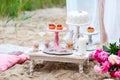 Wedding or party candy bar, decorated dessert table in pink color with cakes. Shabby chic style Royalty Free Stock Photo