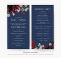 Wedding party & ceremony program card design with Red rose flowers, burgundy dahlia, eucalyptus branches, leaves, amaranthus & be