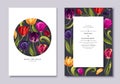 Wedding or party invitation template with tulips flowers leaves and petals. Royalty Free Stock Photo