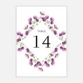 Table number card template with purple flower bouquet