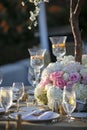 Outdoor wedding ceremony table setting in the springtime decoracted with white and pink roses Royalty Free Stock Photo