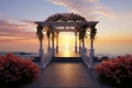 Wedding pavilion in 3D, framed by a mesmerizing sea sunset scene Royalty Free Stock Photo