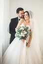 Wedding photo shoot of the newlyweds couple in a beautiful hotel posing near window Royalty Free Stock Photo