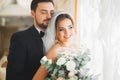 Wedding photo shoot of the newlyweds couple posing in a beautiful hotel Royalty Free Stock Photo