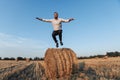 Wedding photo. Stylish groom in white shirt jumping down Royalty Free Stock Photo