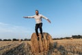 Wedding photo. Stylish groom in white shirt jumping down Royalty Free Stock Photo