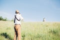 Wedding photographer takes pictures of bride and groom in nature, fine art photo Royalty Free Stock Photo